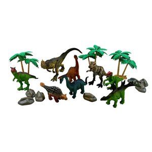 Plastic Toy Pre-historic Dinosaurs Hard Plastic Lot of 8 + Trees & Boulders